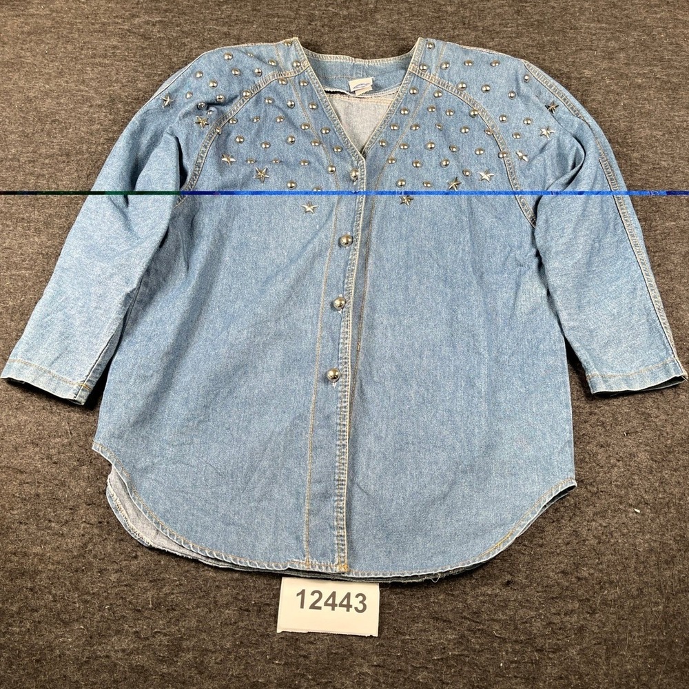 Vintage Denim Studded Shirt Womens L Blue Excellent Star Western USA Made